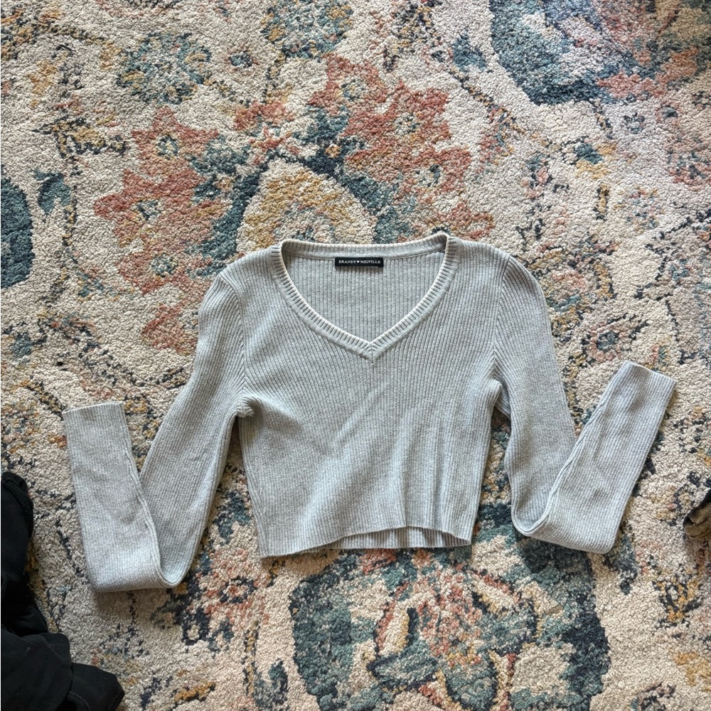 Gray V-Neck Ribbed Sweater